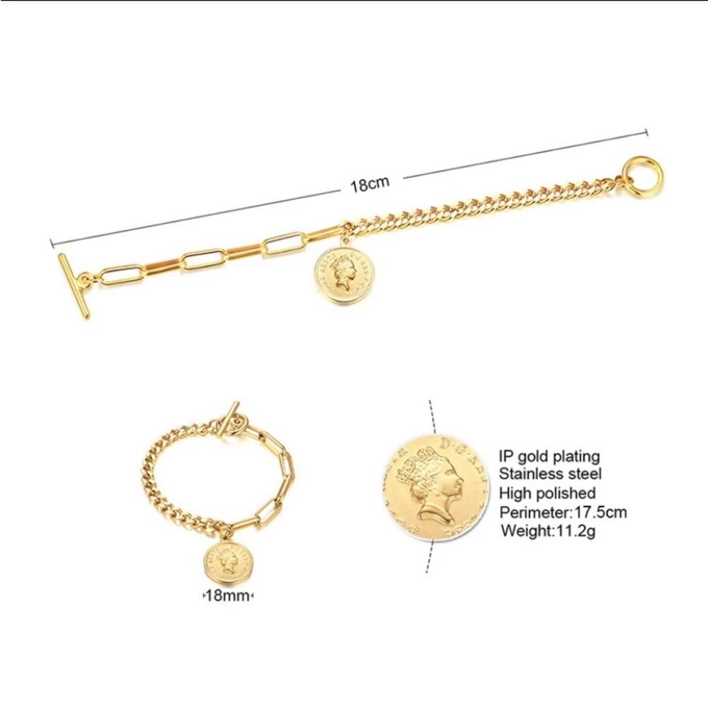 Queen Elizabeth Coin Gold Plated Chain Link Necklace Matching Bracelet Set - Picture 11 of 11